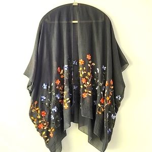Bohemian Gray Floral Embroidered Kimono  Cardigan Top (A1)
